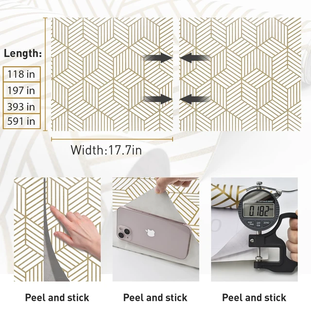 Alt view image 3 of 7 - Geometric Contact Paper Peel and Stick Wallpaper Gold 17.7×591 Self Adhesive, Removable Wallpaper for Bedroom/Bathroom Waterproof, Modern Contact Paper for Cabinets Liner Easy to Install
