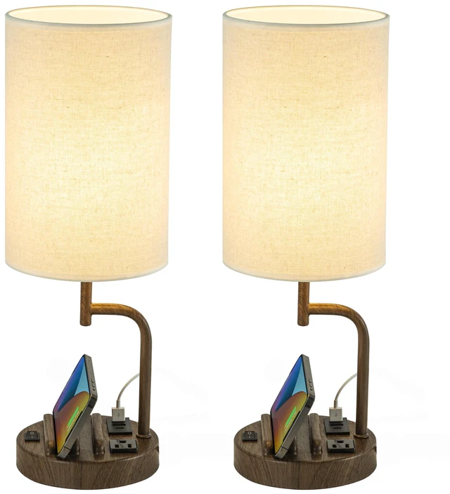 Main image of Table Lamp with 3 USB Charging Ports, Modern Desk Lamp with AC Outlet and Phone Stands, Perfect Bedside Lamp for Bedroom, Living Room, Office (Pack of 2), Walnut