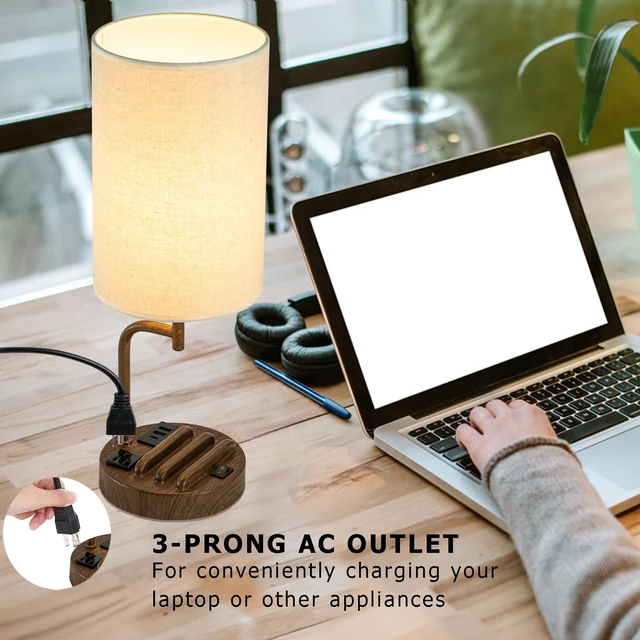 Alt view image 3 of 7 - Table Lamp with 3 USB Charging Ports, Modern Desk Lamp with AC Outlet and Phone Stands, Perfect Bedside Lamp for Bedroom, Living Room, Office (Pack of 2), Walnut