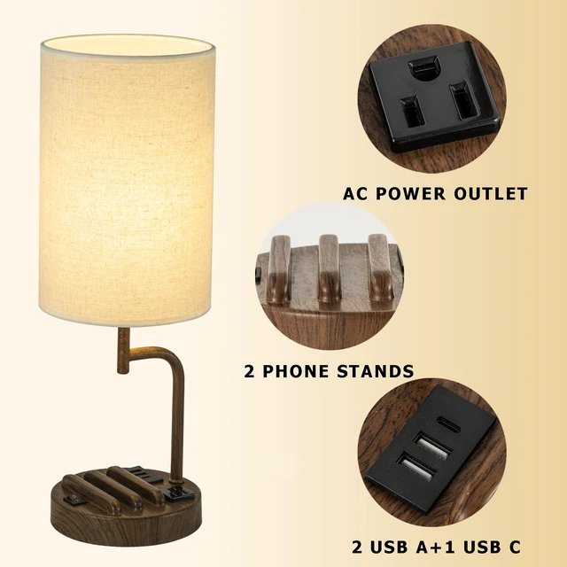 Alt view image 2 of 7 - Table Lamp with 3 USB Charging Ports, Modern Desk Lamp with AC Outlet and Phone Stands, Perfect Bedside Lamp for Bedroom, Living Room, Office (Pack of 2), Walnut
