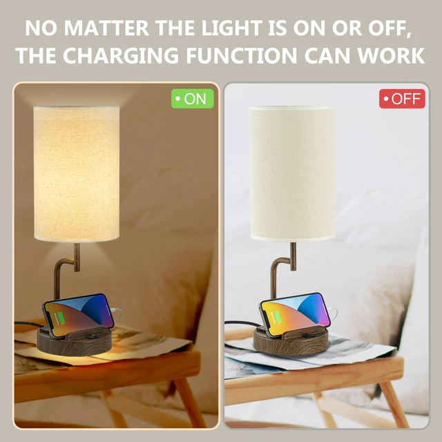 Alt view image 4 of 7 - Table Lamp with 3 USB Charging Ports, Modern Desk Lamp with AC Outlet and Phone Stands, Perfect Bedside Lamp for Bedroom, Living Room, Office (Pack of 2), Walnut