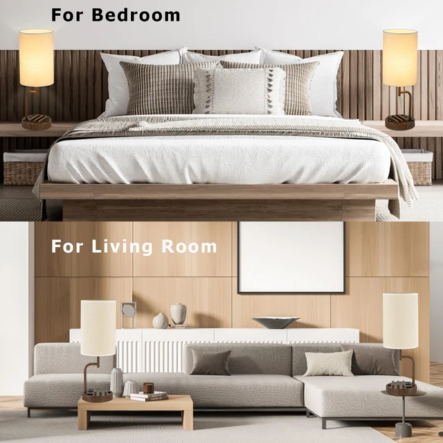 Alt view image 6 of 7 - Table Lamp with 3 USB Charging Ports, Modern Desk Lamp with AC Outlet and Phone Stands, Perfect Bedside Lamp for Bedroom, Living Room, Office (Pack of 2), Walnut