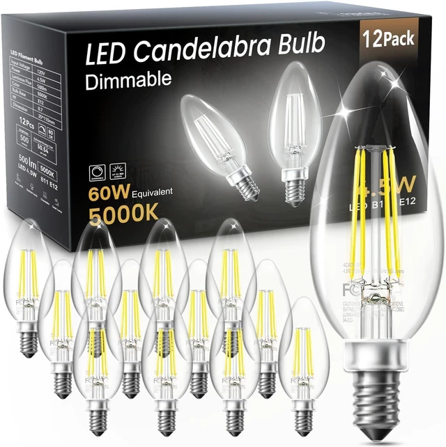 Main image of Candelabra LED Bulbs, E12 60W Equivalent Dimmable for Chandelier Light 5000K Daylight White, Small Base B11 Vintage Filament Clear Glass Candle Shape Light Bulb, 4.5W for Ceiling Fans, 12 Pack