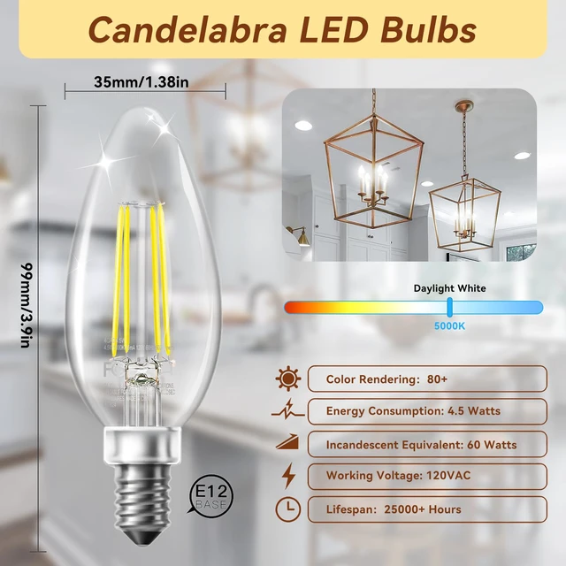 Alt view image 2 of 7 - Candelabra LED Bulbs, E12 60W Equivalent Dimmable for Chandelier Light 5000K Daylight White, Small Base B11 Vintage Filament Clear Glass Candle Shape Light Bulb, 4.5W for Ceiling Fans, 12 Pack