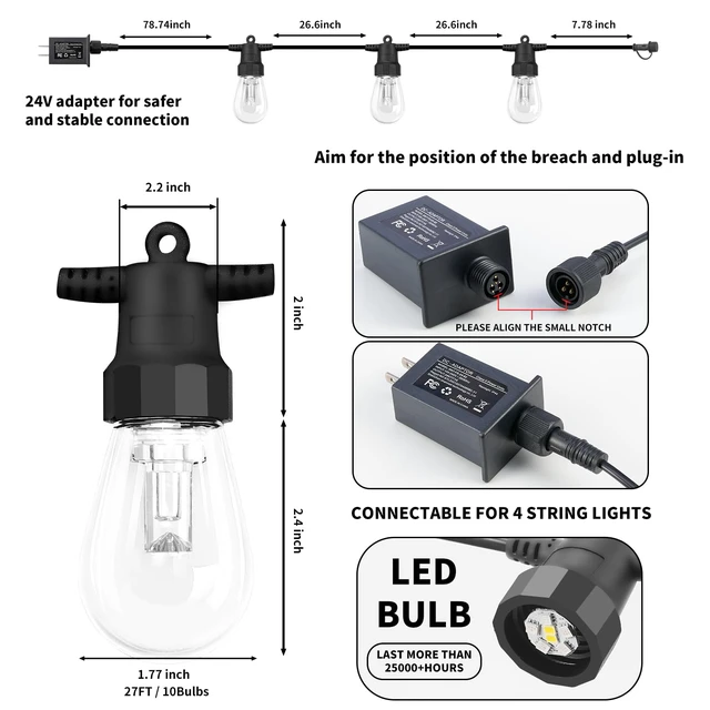 Alt view image 6 of 7 - Outdoor String Lights 27FT, Color Changing Patio Lights, Waterproof 10 Shatterproof LED Bulbs, Multicolor & Warm White, Dimmable, IP67 Waterproof, APP & Remote, Custom Colors, 24V Low Voltage