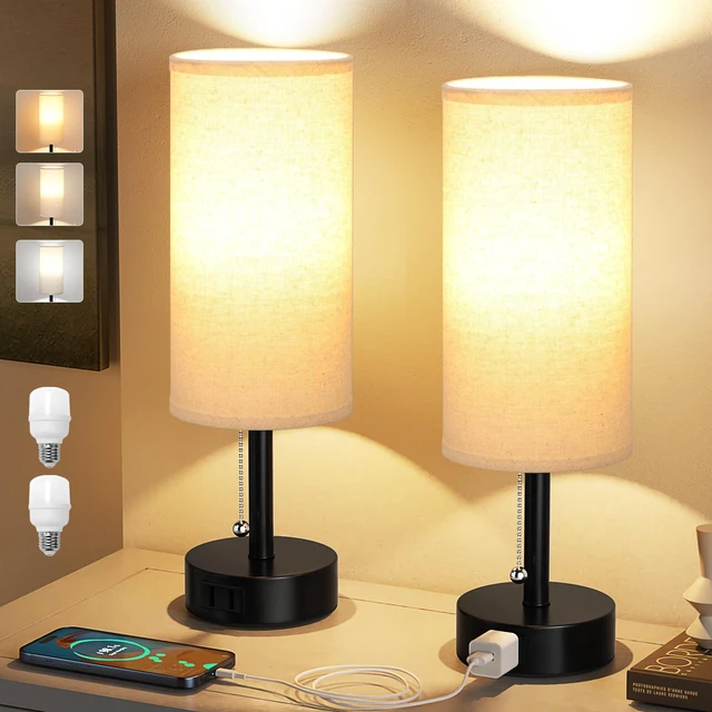 Alt view image 2 of 7 - Beige Bedside Table Lamps Set of 2 - Bedroom Lamp for Desk, AC Outlet 3CCT(3000K/4000K/5000K), LED Bulbs Included, Beige Fabric Lampshade, 14in Small Lamp for Nightstand, Guest Room, Living Room
