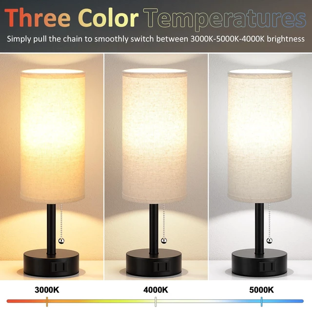 Alt view image 3 of 7 - Beige Bedside Table Lamps Set of 2 - Bedroom Lamp for Desk, AC Outlet 3CCT(3000K/4000K/5000K), LED Bulbs Included, Beige Fabric Lampshade, 14in Small Lamp for Nightstand, Guest Room, Living Room