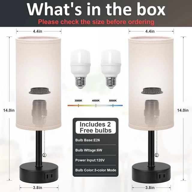 Alt view image 5 of 7 - Beige Bedside Table Lamps Set of 2 - Bedroom Lamp for Desk, AC Outlet 3CCT(3000K/4000K/5000K), LED Bulbs Included, Beige Fabric Lampshade, 14in Small Lamp for Nightstand, Guest Room, Living Room