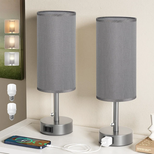 Alt view image 2 of 7 - Dark Grey Bedside Table Lamps Set of 2 - Bedroom Lamp for Desk, AC Outlet 3CCT(3000K/4000K/5000K), LED Bulbs Included, Dark Grey Fabric Lampshade, 14in Small Lamp for Nightstand, Guest Room, Dorm