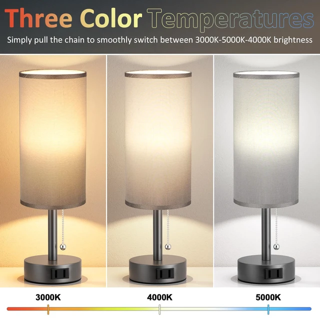 Alt view image 3 of 7 - Dark Grey Bedside Table Lamps Set of 2 - Bedroom Lamp for Desk, AC Outlet 3CCT(3000K/4000K/5000K), LED Bulbs Included, Dark Grey Fabric Lampshade, 14in Small Lamp for Nightstand, Guest Room, Dorm