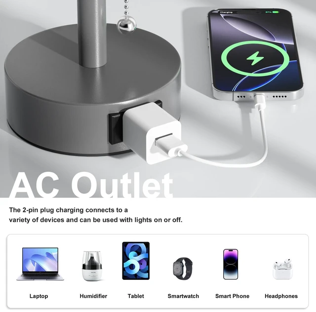 Alt view image 4 of 7 - Dark Grey Bedside Table Lamps Set of 2 - Bedroom Lamp for Desk, AC Outlet 3CCT(3000K/4000K/5000K), LED Bulbs Included, Dark Grey Fabric Lampshade, 14in Small Lamp for Nightstand, Guest Room, Dorm
