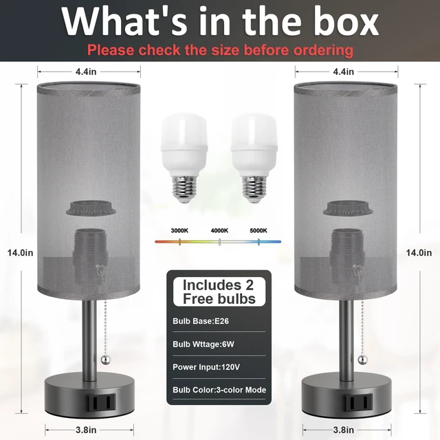 Alt view image 5 of 7 - Dark Grey Bedside Table Lamps Set of 2 - Bedroom Lamp for Desk, AC Outlet 3CCT(3000K/4000K/5000K), LED Bulbs Included, Dark Grey Fabric Lampshade, 14in Small Lamp for Nightstand, Guest Room, Dorm