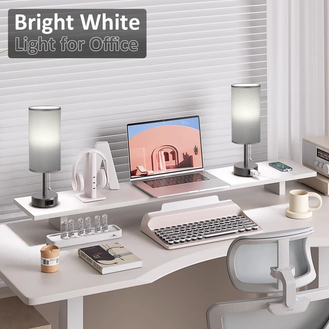 Alt view image 6 of 7 - Dark Grey Bedside Table Lamps Set of 2 - Bedroom Lamp for Desk, AC Outlet 3CCT(3000K/4000K/5000K), LED Bulbs Included, Dark Grey Fabric Lampshade, 14in Small Lamp for Nightstand, Guest Room, Dorm