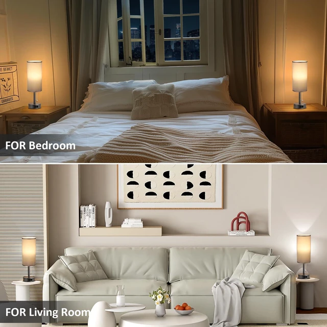 Alt view image 7 of 7 - Dark Grey Bedside Table Lamps Set of 2 - Bedroom Lamp for Desk, AC Outlet 3CCT(3000K/4000K/5000K), LED Bulbs Included, Dark Grey Fabric Lampshade, 14in Small Lamp for Nightstand, Guest Room, Dorm