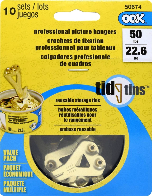 Alt view image 2 of 6 - 50674 Professional Picture Hangers, Reusable Art Hs, Padded, Brass, 50lbs (10 Set) Gold