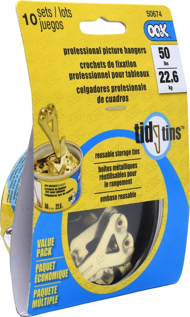 Alt view image 6 of 6 - 50674 Professional Picture Hangers, Reusable Art Hs, Padded, Brass, 50lbs (10 Set) Gold