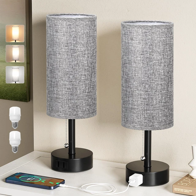 Main image of Grey Bedside Table Lamps Set of 2 - Bedroom Lamp for Desk, AC Outlet 3CCT(3000K/4000K/5000K), LED Bulbs Included, Grey Fabric Lampshade, 14in Small Lamp for Nightstand, Guest Room, Living Room