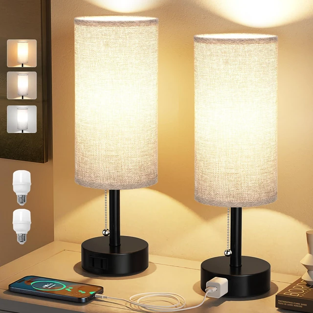 Alt view image 2 of 7 - Grey Bedside Table Lamps Set of 2 - Bedroom Lamp for Desk, AC Outlet 3CCT(3000K/4000K/5000K), LED Bulbs Included, Grey Fabric Lampshade, 14in Small Lamp for Nightstand, Guest Room, Living Room