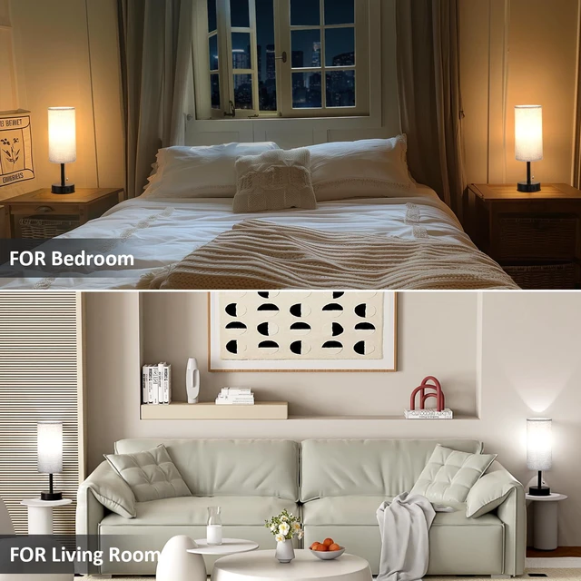 Alt view image 7 of 7 - Grey Bedside Table Lamps Set of 2 - Bedroom Lamp for Desk, AC Outlet 3CCT(3000K/4000K/5000K), LED Bulbs Included, Grey Fabric Lampshade, 14in Small Lamp for Nightstand, Guest Room, Living Room