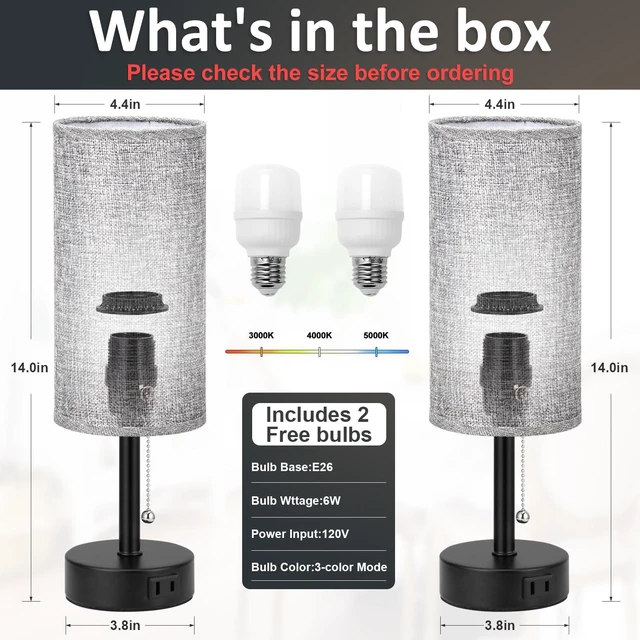 Alt view image 5 of 7 - Grey Bedside Table Lamps Set of 2 - Bedroom Lamp for Desk, AC Outlet 3CCT(3000K/4000K/5000K), LED Bulbs Included, Grey Fabric Lampshade, 14in Small Lamp for Nightstand, Guest Room, Living Room