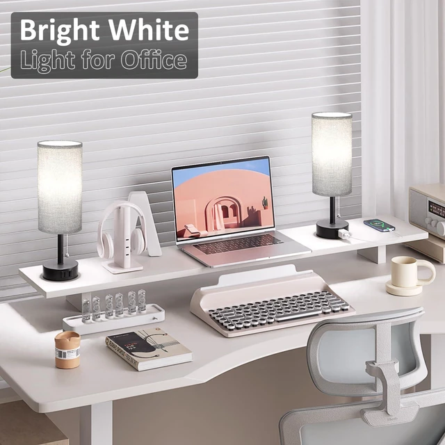 Alt view image 6 of 7 - Grey Bedside Table Lamps Set of 2 - Bedroom Lamp for Desk, AC Outlet 3CCT(3000K/4000K/5000K), LED Bulbs Included, Grey Fabric Lampshade, 14in Small Lamp for Nightstand, Guest Room, Living Room
