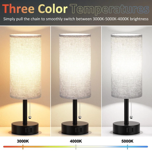 Alt view image 3 of 7 - Grey Bedside Table Lamps Set of 2 - Bedroom Lamp for Desk, AC Outlet 3CCT(3000K/4000K/5000K), LED Bulbs Included, Grey Fabric Lampshade, 14in Small Lamp for Nightstand, Guest Room, Living Room