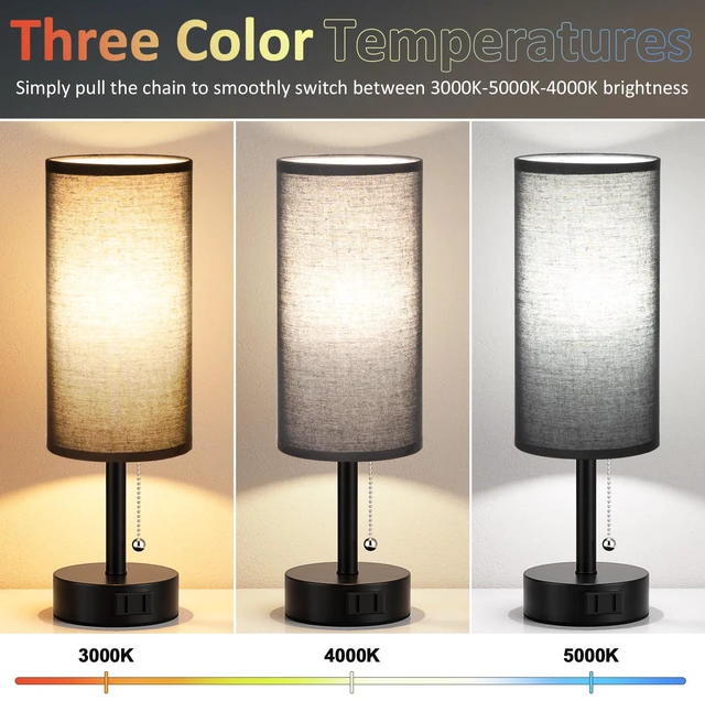 Alt view image 3 of 7 - Black Bedside Table Lamps Set of 2 - Bedroom Lamp for Desk, AC Outlet 3CCT(3000K/4000K/5000K), LED Bulbs Included, Black Fabric Lampshade, 14in Small Lamp for Nightstand, Guest Room, Living Room