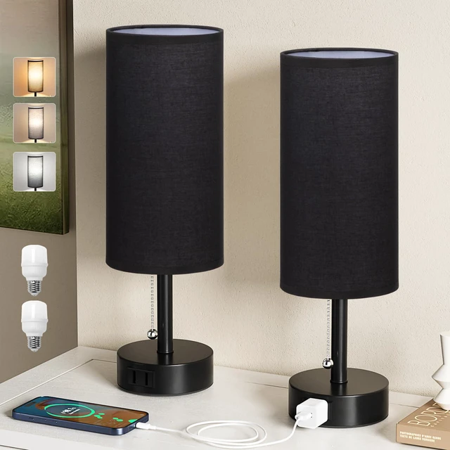 Alt view image 2 of 7 - Black Bedside Table Lamps Set of 2 - Bedroom Lamp for Desk, AC Outlet 3CCT(3000K/4000K/5000K), LED Bulbs Included, Black Fabric Lampshade, 14in Small Lamp for Nightstand, Guest Room, Living Room