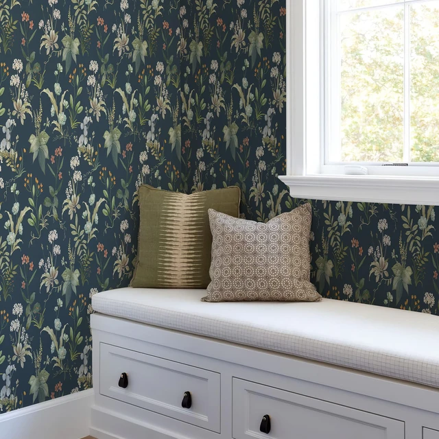 Alt view image 6 of 7 - Vintage Floral Peel and Stick Wallpaper 480" x 17.3" Blue Botanical Contact Paper, Self Adhesive Removable Waterproof Wall Paper, Renter Friendly, Bedroom Cabinets DIY Decor