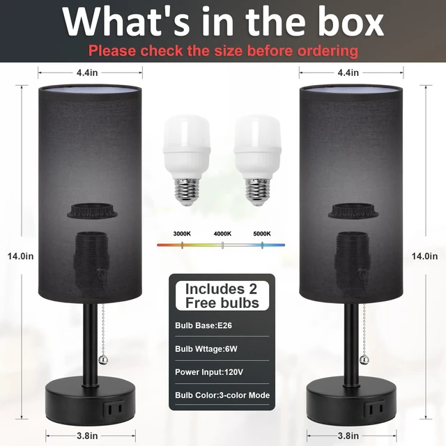 Alt view image 5 of 7 - Black Bedside Table Lamps Set of 2 - Bedroom Lamp for Desk, AC Outlet 3CCT(3000K/4000K/5000K), LED Bulbs Included, Black Fabric Lampshade, 14in Small Lamp for Nightstand, Guest Room, Living Room