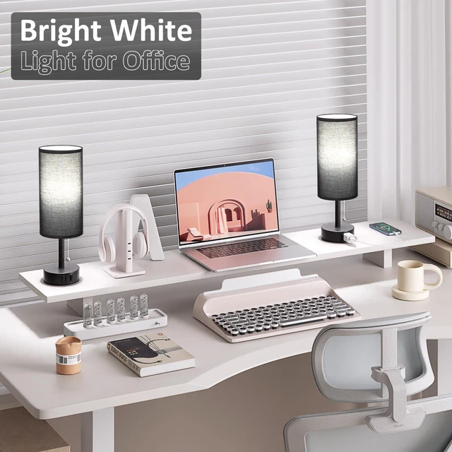 Alt view image 6 of 7 - Black Bedside Table Lamps Set of 2 - Bedroom Lamp for Desk, AC Outlet 3CCT(3000K/4000K/5000K), LED Bulbs Included, Black Fabric Lampshade, 14in Small Lamp for Nightstand, Guest Room, Living Room