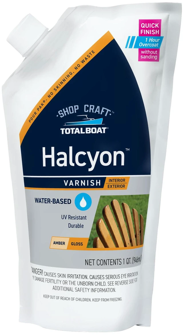 Main image of Halcyon Water-Based Marine Varnish for Wood - Amber Gloss Quart Marine-Grade Polyurethane Wood Finish; Easy to Apply; 1-Hour Recoat; Ideal for Boats, Furniture, and Interior/Exterior Wood