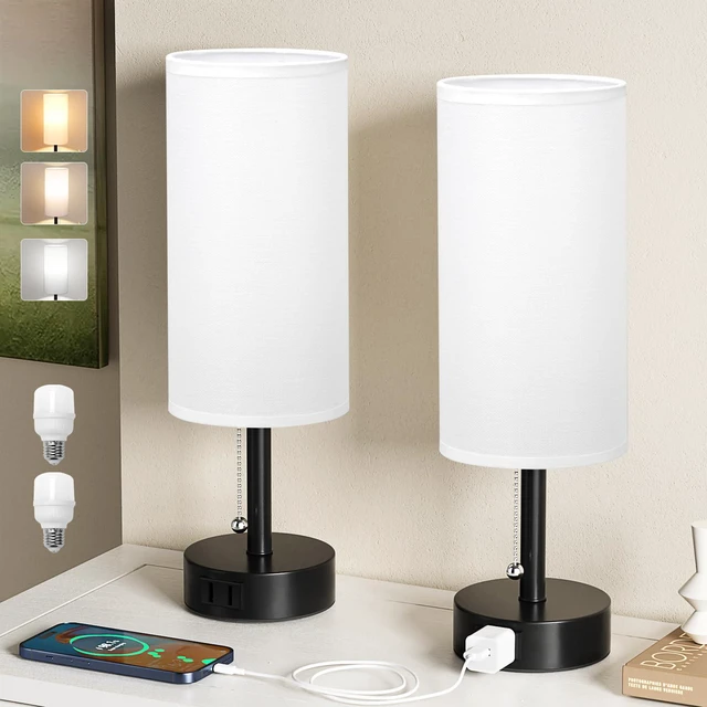 Main image of White Bedside Table Lamps Set of 2 - Bedroom Lamp for Desk, AC Outlet 3CCT(3000K/4000K/5000K), LED Bulbs Included, White Fabric Lampshade, 14in Small Lamp for Nightstand, Guest Room, Living Room
