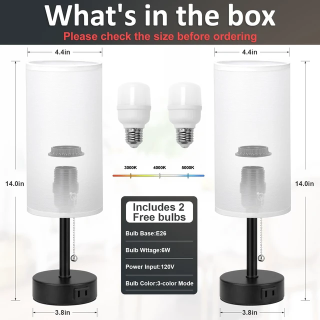 Alt view image 4 of 7 - White Bedside Table Lamps Set of 2 - Bedroom Lamp for Desk, AC Outlet 3CCT(3000K/4000K/5000K), LED Bulbs Included, White Fabric Lampshade, 14in Small Lamp for Nightstand, Guest Room, Living Room