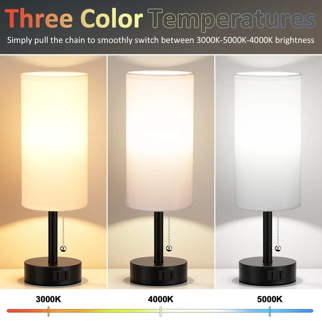 Alt view image 2 of 7 - White Bedside Table Lamps Set of 2 - Bedroom Lamp for Desk, AC Outlet 3CCT(3000K/4000K/5000K), LED Bulbs Included, White Fabric Lampshade, 14in Small Lamp for Nightstand, Guest Room, Living Room