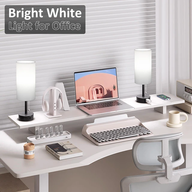 Alt view image 5 of 7 - White Bedside Table Lamps Set of 2 - Bedroom Lamp for Desk, AC Outlet 3CCT(3000K/4000K/5000K), LED Bulbs Included, White Fabric Lampshade, 14in Small Lamp for Nightstand, Guest Room, Living Room