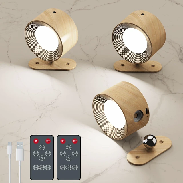 Main image of 3Pack Battery Operated Wall Sconce, 3 Color Modes 3 Brightness Levels 360°Rotation Lighting Timer Touch & Remote Control, Wall Mounted Lamp LED Wall Lights for Bedroom Reading Bedside (Wood)