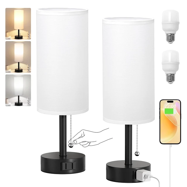 Alt view image 7 of 7 - White Bedside Table Lamps Set of 2 - Bedroom Lamp for Desk, AC Outlet 3CCT(3000K/4000K/5000K), LED Bulbs Included, White Fabric Lampshade, 14in Small Lamp for Nightstand, Guest Room, Living Room