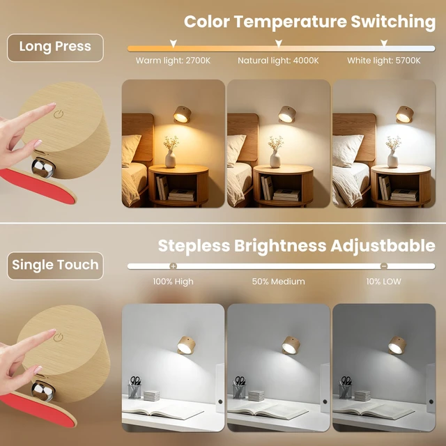Alt view image 2 of 7 - 3Pack Battery Operated Wall Sconce, 3 Color Modes 3 Brightness Levels 360°Rotation Lighting Timer Touch & Remote Control, Wall Mounted Lamp LED Wall Lights for Bedroom Reading Bedside (Wood)
