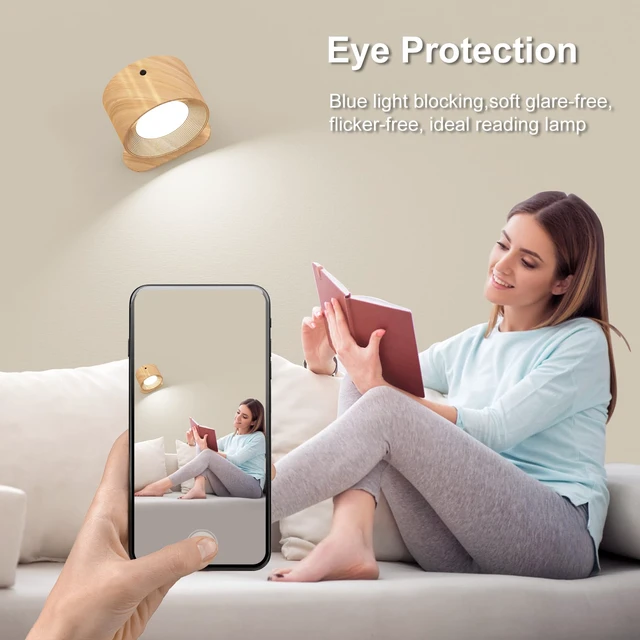Alt view image 3 of 7 - 3Pack Battery Operated Wall Sconce, 3 Color Modes 3 Brightness Levels 360°Rotation Lighting Timer Touch & Remote Control, Wall Mounted Lamp LED Wall Lights for Bedroom Reading Bedside (Wood)