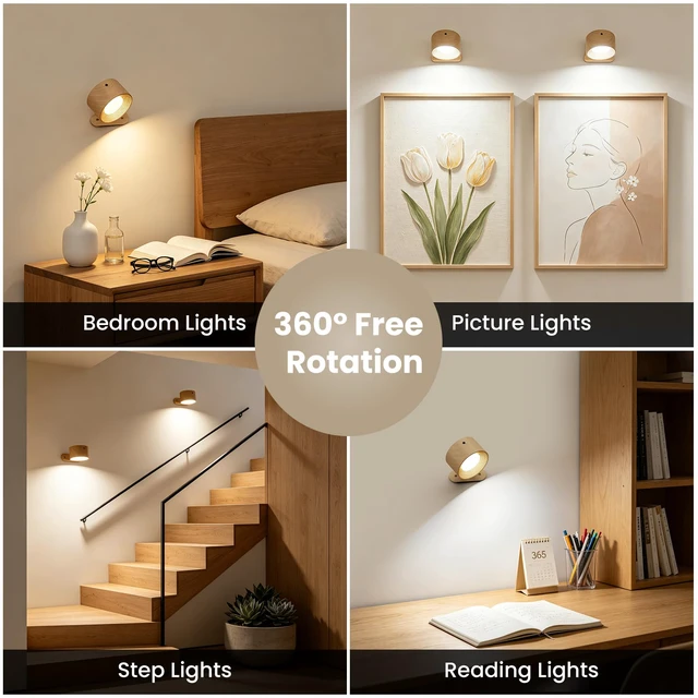 Alt view image 5 of 7 - 3Pack Battery Operated Wall Sconce, 3 Color Modes 3 Brightness Levels 360°Rotation Lighting Timer Touch & Remote Control, Wall Mounted Lamp LED Wall Lights for Bedroom Reading Bedside (Wood)