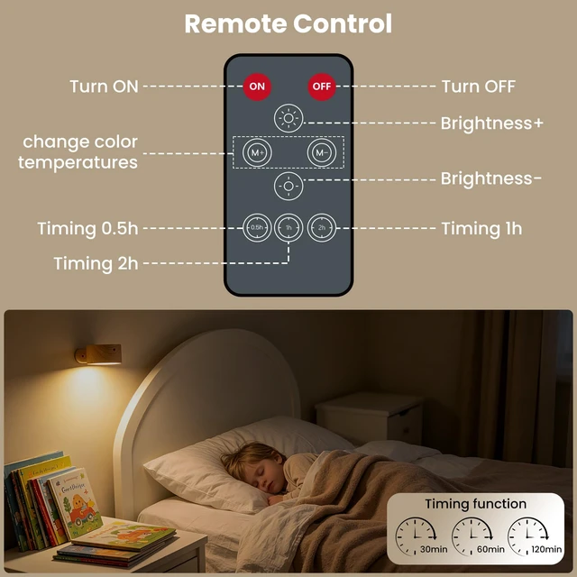 Alt view image 6 of 7 - 3Pack Battery Operated Wall Sconce, 3 Color Modes 3 Brightness Levels 360°Rotation Lighting Timer Touch & Remote Control, Wall Mounted Lamp LED Wall Lights for Bedroom Reading Bedside (Wood)