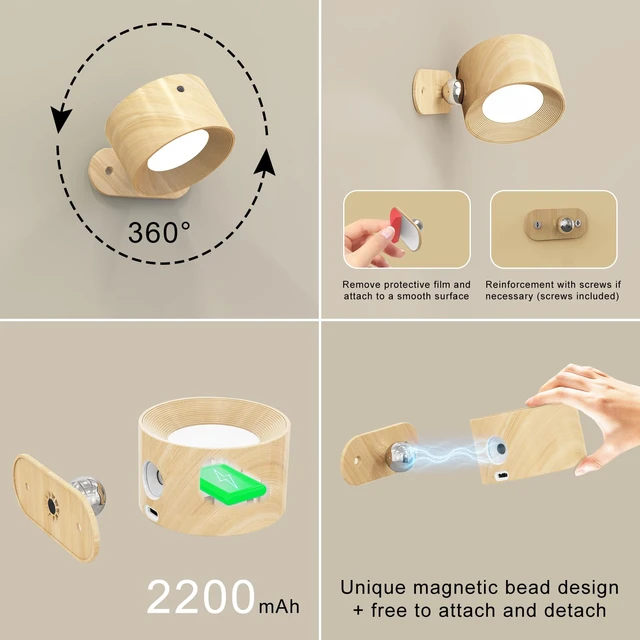 Alt view image 7 of 7 - 3Pack Battery Operated Wall Sconce, 3 Color Modes 3 Brightness Levels 360°Rotation Lighting Timer Touch & Remote Control, Wall Mounted Lamp LED Wall Lights for Bedroom Reading Bedside (Wood)