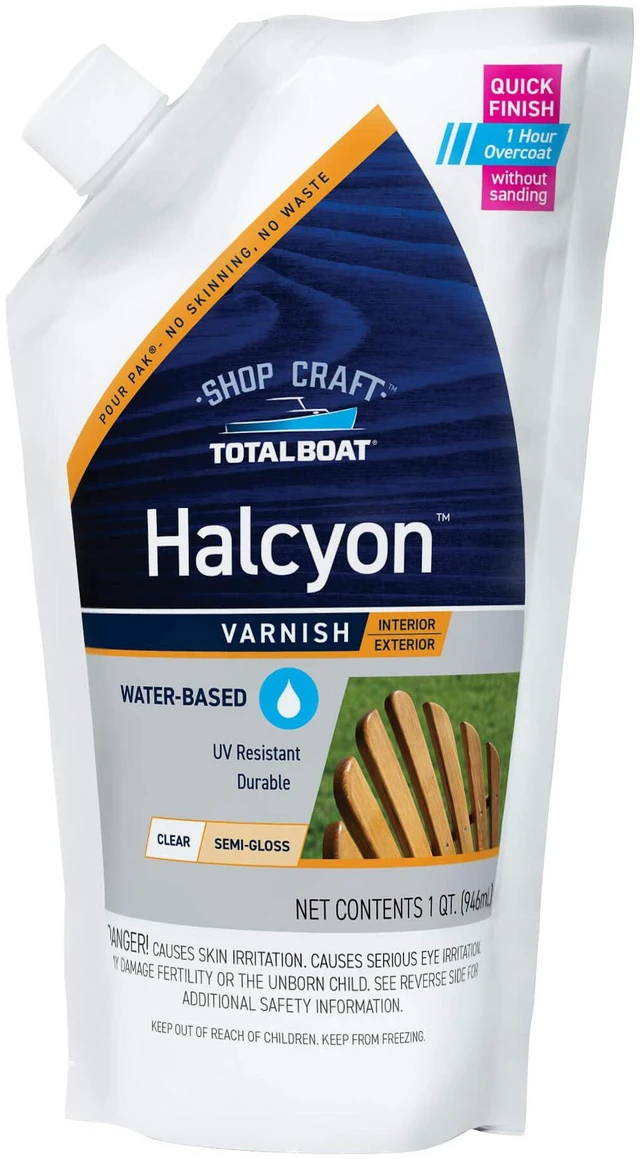 Main image of Halcyon Water-Based Marine Varnish for Wood - Clear Semi-Gloss Qt Marine-Grade Polyurethane Wood Finish; Easy to Apply; 1-Hour Recoat; Ideal for Boats, Furniture, and Interior/Exterior Wood