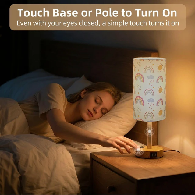 Alt view image 4 of 7 - Bedside Table Lamp, Dimmable Touch, AC Outlet, USB A+C (SunRainbow) 3-Way Dimmable, Small Touch Lamp with Eye-Care LED Bulb, Ideal Soft Lighting for Nightstand, Bedroom, Reading, Living Room