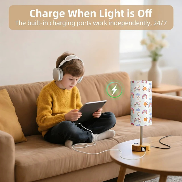 Alt view image 6 of 7 - Bedside Table Lamp, Dimmable Touch, AC Outlet, USB A+C (SunRainbow) 3-Way Dimmable, Small Touch Lamp with Eye-Care LED Bulb, Ideal Soft Lighting for Nightstand, Bedroom, Reading, Living Room