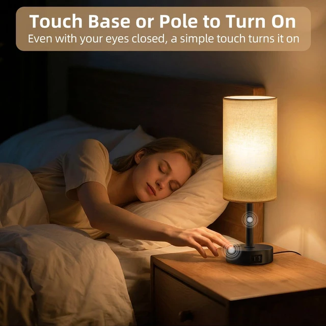 Alt view image 4 of 7 - Table Lamp for Bedroom, High-Sensitivity Touch, AC Outlet, USB A+C 3-Level Dimmable Bedside Lamp with Eye-Care LED Bulb, Ideal Nightstand Lamp for Bedroom, Reading, Living Room (Beige&Black)