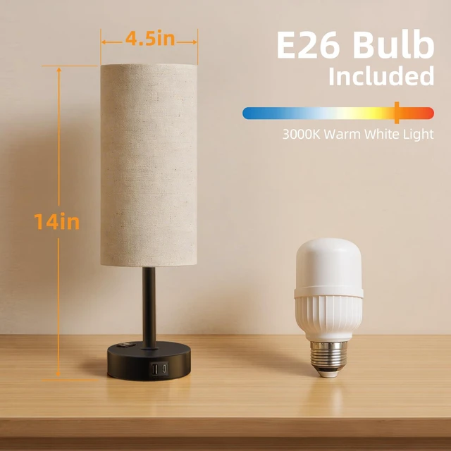 Alt view image 6 of 7 - Table Lamp for Bedroom, High-Sensitivity Touch, AC Outlet, USB A+C 3-Level Dimmable Bedside Lamp with Eye-Care LED Bulb, Ideal Nightstand Lamp for Bedroom, Reading, Living Room (Beige&Black)