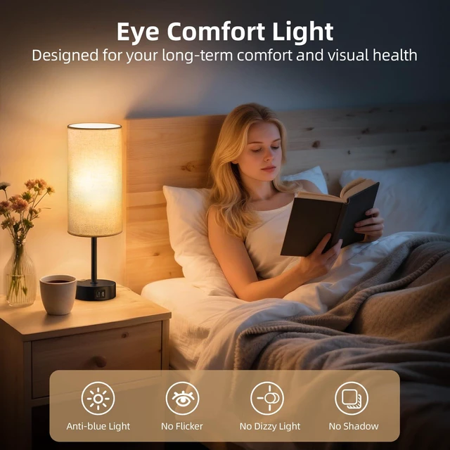 Alt view image 5 of 7 - Table Lamp for Bedroom, High-Sensitivity Touch, AC Outlet, USB A+C 3-Level Dimmable Bedside Lamp with Eye-Care LED Bulb, Ideal Nightstand Lamp for Bedroom, Reading, Living Room (Beige&Black)