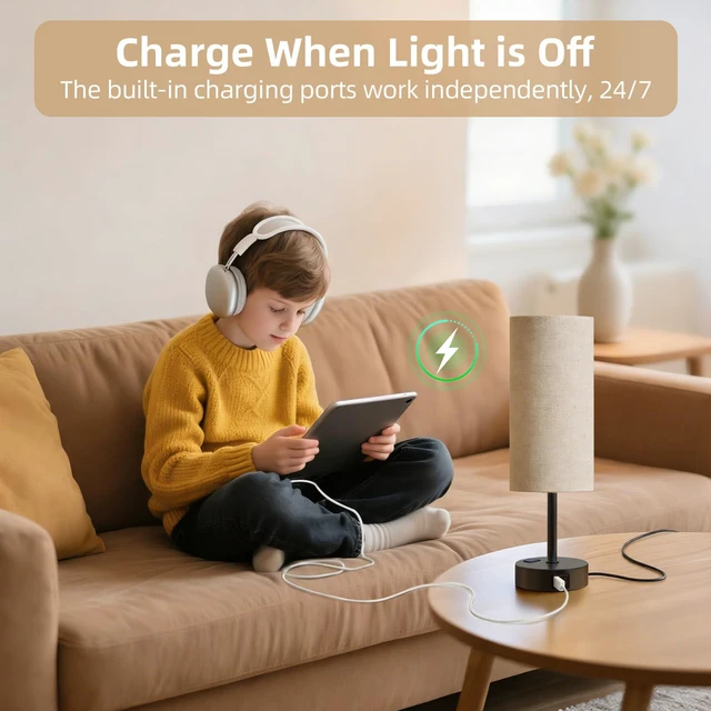 Alt view image 7 of 7 - Table Lamp for Bedroom, High-Sensitivity Touch, AC Outlet, USB A+C 3-Level Dimmable Bedside Lamp with Eye-Care LED Bulb, Ideal Nightstand Lamp for Bedroom, Reading, Living Room (Beige&Black)
